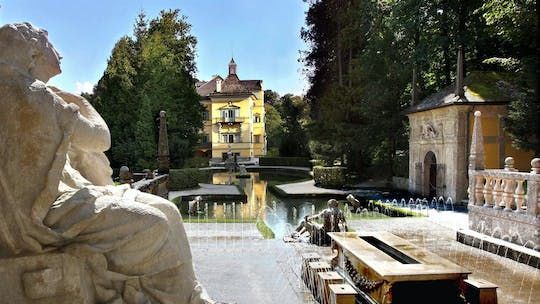 Boat trip to Hellbrunn Palace with trick fountain and London double-decker bus