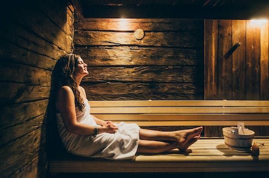Arctic forest sauna and hot tub experience with northern lights