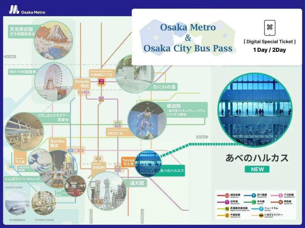 Combo Tickets: Harukas 300 Observatory Admission Ticket & [Digital Special Ticket] Osaka Metro & Osaka City Bus Pass