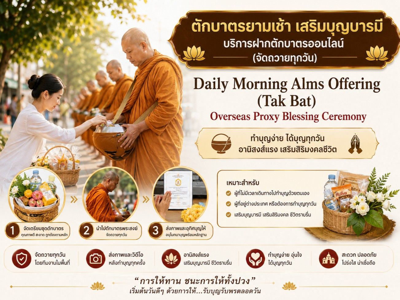 Daily Morning Alms Offering (Tak Bat) – Online Overseas Proxy Blessing Ceremony