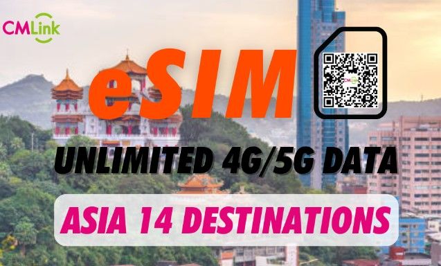 Asia 14 Destinations Unlimited Data 4G eSIM Roaming Data (QR Code Delivered via Email)